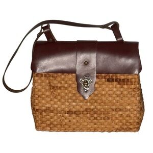 Vintage Straw And Leather Purse Handbag Toggle Closure